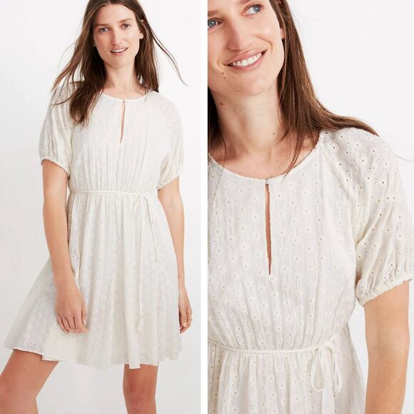 Madewell Prairie Minimalist Feminine Cream Eyelet Tassel-Tie Mini Dress 8 M/L - Picture 1 of 14